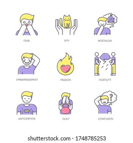 Emotion RGB color icons set. Fear from phobia. Human feelings. Psychological treatment. Mental state. Positive attitude. Negative behaviour. Panic attack. Isolated vector illustrations