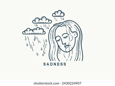 Emotion of sadness concept, vector drawing of a woman face displays sadness, emblem or logo look-like drawing.
