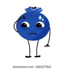 Tristeza emotiva, decepción, arrojo. Cuto vector arándano con emoción. Fruity smiley face. La fruta viva. Ilustración de dibujos animados. Fondo blanco aislado. 