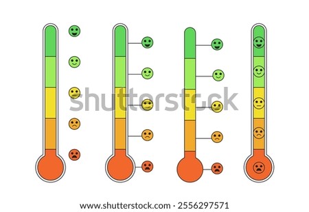 Emotion scale thermometers set. Mental health tool. Stress level measurement collection. Feeling and mood chart. Anger indicator symbol isolated on white background. Vector outline flat illustration