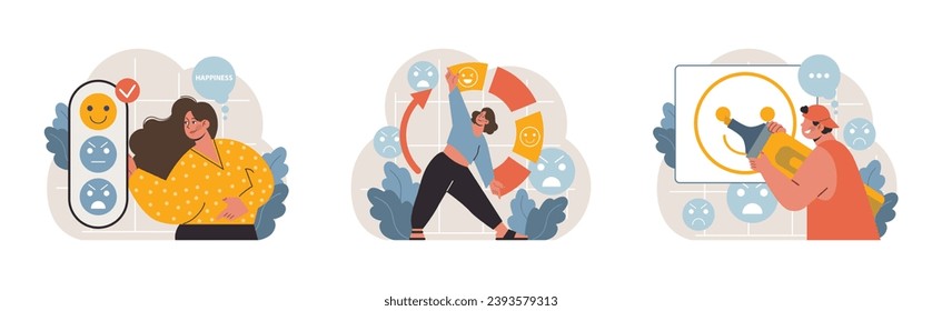 Emotion selection concept. Choosing positivity over negativity. Happiness shines, while anger dims. Joyful interactions. Expressing cheerful sentiments. Flat vector illustration