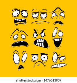 Emotion Set. Cartoon expressions with yellow background. Vector illustration.