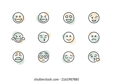 Emotion set icon. Kiss, love, air kiss, lips, heart, laughter, crying, sadness, joy, grief, round face, distempered emoticon. Emoticon, emoji. Mood concept. Vector line icon for Business 