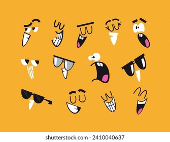 Emotion smile faces drawing in cartoon style on yellow background