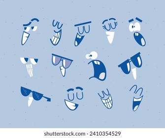 Emotion smile faces drawing in cartoon style on blue background