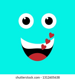 Emotion squared. Flat design. Blue playful loving face with hearts