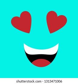 Emotion squared. Flat design. Blue playful loving face with hearts