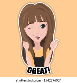 Emotion sticker with cute happy girl gives a thumbs-up!  Isolated cartoon character design, emoji, facial expression. Vector flat illustration.