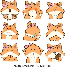 Emotion stickers set of beautiful cute cartoon fox. Vector emoji. Isolated from the background.