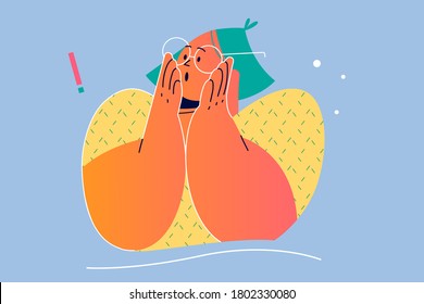 Emotion, Surprise, Amazement, Shock Concept. Young Surprised Schocked Amazed Amused Woman Girl Teenager Cartoon Character With Glasses Standing And Holding Face. Emotional Expression Illustration.