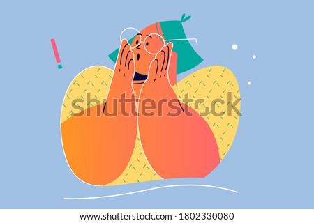 Emotion, surprise, amazement, shock concept. Young surprised schocked amazed amused woman girl teenager cartoon character with glasses standing and holding face. Emotional expression illustration.