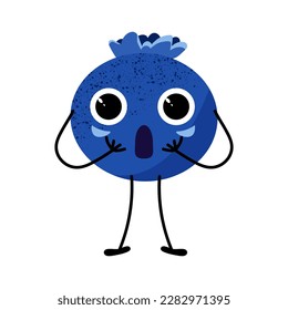 The emotion of surprise. Cute vector blueberry with emotion. Fruity smiley face. Emotion of amazement. White isolated background. 