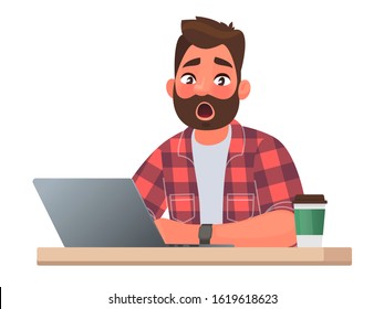 Emotion surprise. A man works behind a laptop. Internet surfing. Shock content or scary news. Vector illustration in a flat style