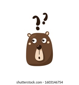 Emotion of surprise on a white background. Emoji bear with a question. Isolated background. Vector. The sticker can be applied to social networks, websites. Question mark, surprise.