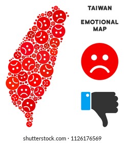 Emotion Taiwan Island map mosaic of sad  in red colors. Negative mood vector concept of depression regions. Taiwan Island map is constructed from red sad emotion symbols.