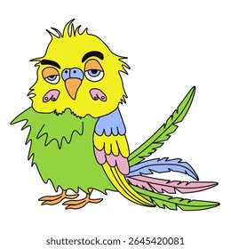 Emotion tired parrot. Vector illustration of funny colored parrot isolated transparent background. Perfect nursery kids art, child poster, t-shirt print. Silly colorful bird. EPS 10