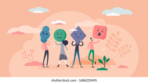 Emotion types vector illustration. Various smileys flat tiny persons concept. Human feelings collection in abstract scene. Nonverbal communication with happy, sad, angry and bored facial expressions