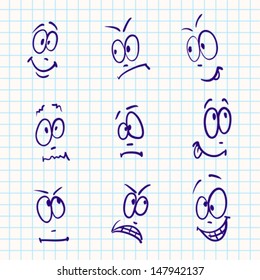 Emotion, vector set of nine face on notebook paper