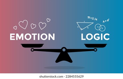 emoción versus lógica, escalas, corazones y símbolos matemáticos, ilustración vectorial 