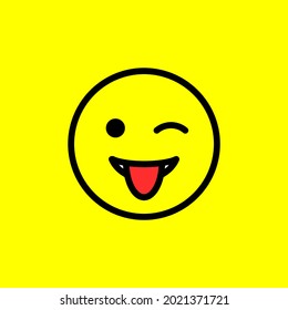 Emotion winks and sticks out tongue. Winks Emoji with tongue isolated on yellow background. Vector illustration EPS 10