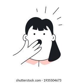 Emotion, wondering, surprise, fright on the face. A cute cartoon woman holds a hand to a face with an open mouth, she is excited. Flat thin line vector illustration on white.