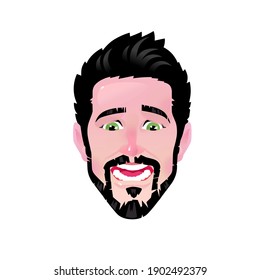 The emotion of a young man. Vector. Cartoon scared bearded man. Illustration of a head for advertising and chat. Surprised male avatar. The image is isolated on a white background.