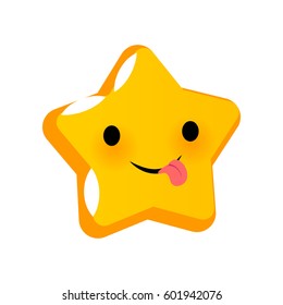 Emotiona funny tongue faces star smiles. Vector illustration smile icon. Face emoji yellow icon. Smile cute funny emotion face isolated background. Feelings, expression for message, sms.