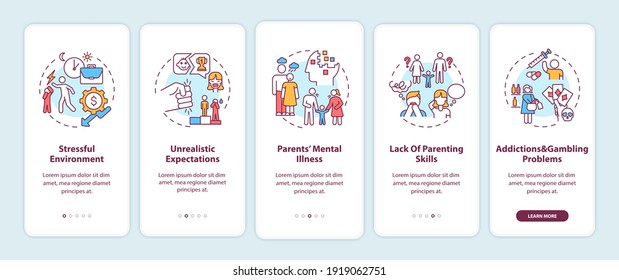 Emotional Abuse From Parents Onboarding Mobile App Page Screen With Concepts. Child Safety Walkthrough 5 Steps Graphic Instructions. UI Vector Template With RGB Color Illustrations