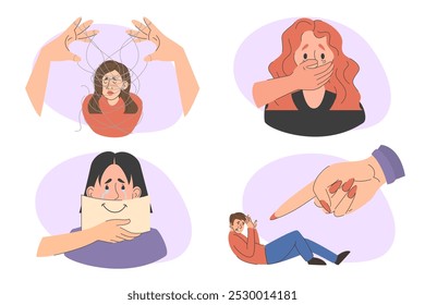 Emotional abuse set vector isolated. Psychological abuse, manipulation and gaslighting. Victim in stress. Unhappy man and woman. Big hand pointing at the man. Male hand closing woman mouth.
