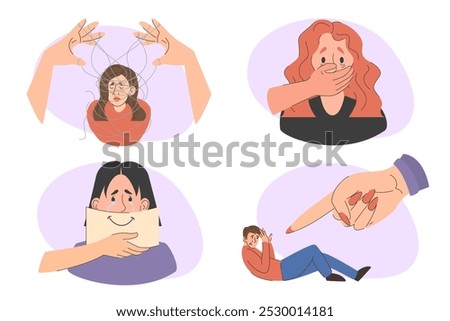 Emotional abuse set vector isolated. Psychological abuse, manipulation and gaslighting. Victim in stress. Unhappy man and woman. Big hand pointing at the man. Male hand closing woman mouth.