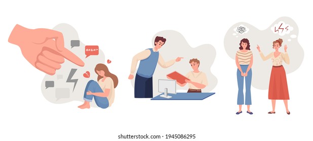 Emotional abuse vector flat illustration. Depressive woman sitting and crying against pointing hand, man yelling on colleague, aggressive woman scolds friend. Harrassment, abuse, or bullying concept.