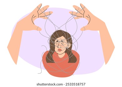 Emotional abuse vector isolated. Illustration of a woman with cluttered thoughts in head, big hands create mess in woman mind. Female character suffering from chaos in emotions.