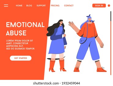 Emotional Abuse Vector landing page concept. Angry woman screams and psychologically puts pressure on her upset friend. Aggressive behavior, mental problem. Character illustration of banner