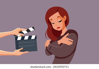 
Emocional actriz filmando una película dramática de televisión ilustración vectorial. Actor profesional experto que realiza una escena triste en una película 
