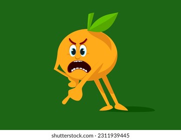 Emotional angry orange cursing and pointing finger. Flat vector illustration of evil fruit.