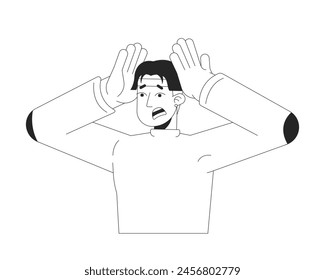 Emotional asian man squeezing head black and white 2D line cartoon character. Korean male with panic attack isolated vector outline person. Mental health issues monochromatic flat spot illustration