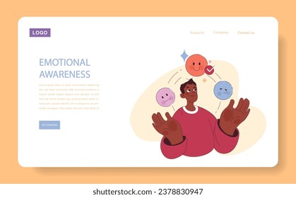 Emotional awareness web banner or landing page. Black young man' emotional intelligence. Deep understanding and acceptance of emotions. Internal personality learning process. Flat vector illustration