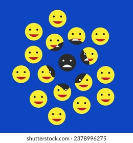 Fondo emocional con triste bola facial entre bolas de cara feliz , vector , ilustración