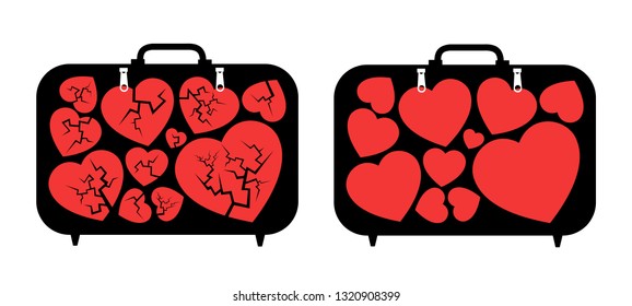 Emotional baggage after history of multiple love relationship breakups.. Emotions and negative past. Vector illustration