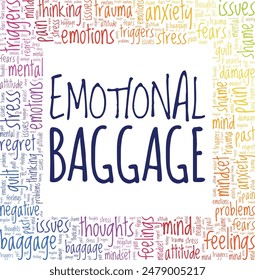 Emotional Baggage word cloud conceptual design isolated on white background.