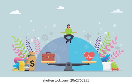 Emotional balance and achieving maximum business productivity. Concept balance at work and in rest. Female character balances between work and play.
