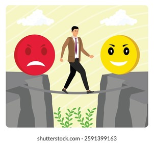 Emotional balance. A businessman walking a tightrope between two cliffs represented by emotion expressions. Emotional balance as good feeling choice over bad mood tiny person. 