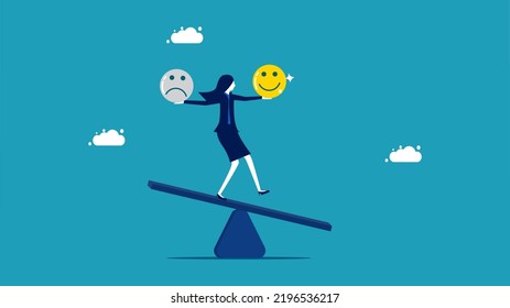 equilibrio emocional. la mujer de negocios equilibra el buen y el mal humor en la balanza. ilustración vectorial