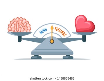 Emotional balance. Cartoon heart emotions and intelligence logic scale balancing vector illustration