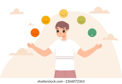 Emotional balance and choose your emotions. Mental health, guy thinking about his daily mood. Good and bad feeling, rating snugly vector scene