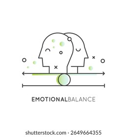 Emotional balance concept with calm mind, stability, mental clarity, self-regulation, mindfulness, inner peace, mood control, and psychological wellness in outline vector icon logo