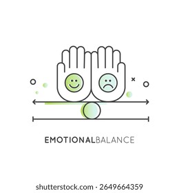 Emotional balance concept with calm mind, stability, mental clarity, self-regulation, mindfulness, inner peace, mood control, and psychological wellness in outline vector icon logo
