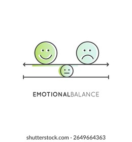 Emotional balance concept with calm mind, stability, mental clarity, self-regulation, mindfulness, inner peace, mood control, and psychological wellness in outline vector icon logo