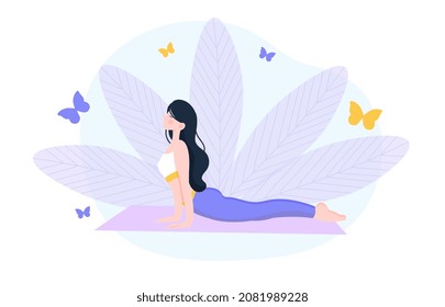 Emotional balance concept. Girl goes in for sports, yoga and meditation, character took assana. Peace of mind metaphor. Happy person, calm, success, emotions. Cartoon flat vector illustration