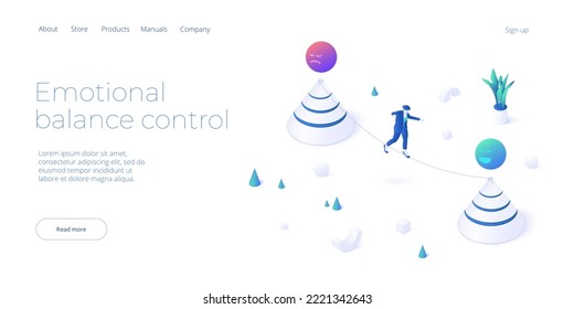 Emotional balance concept in isometric vector design. Control of emotions or mental stability and healthy mindset. Web banner layout template